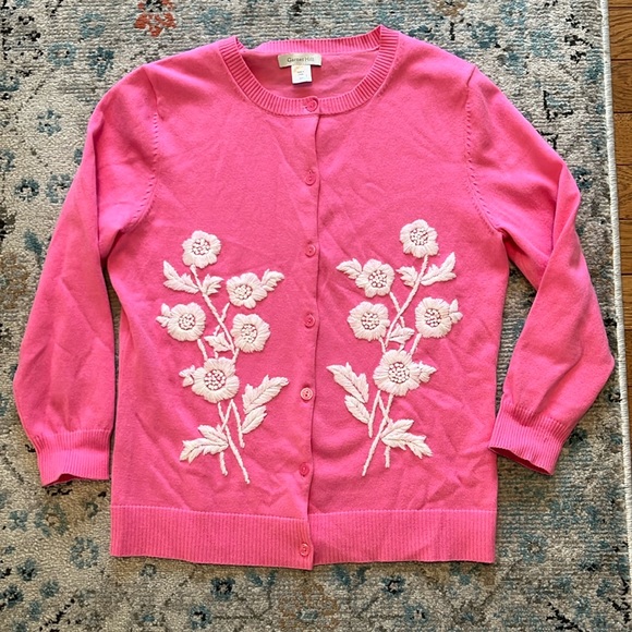 Garnet Hill Sweaters - Garnet Hill Pink Embroidered Flower Cardigan Size XS